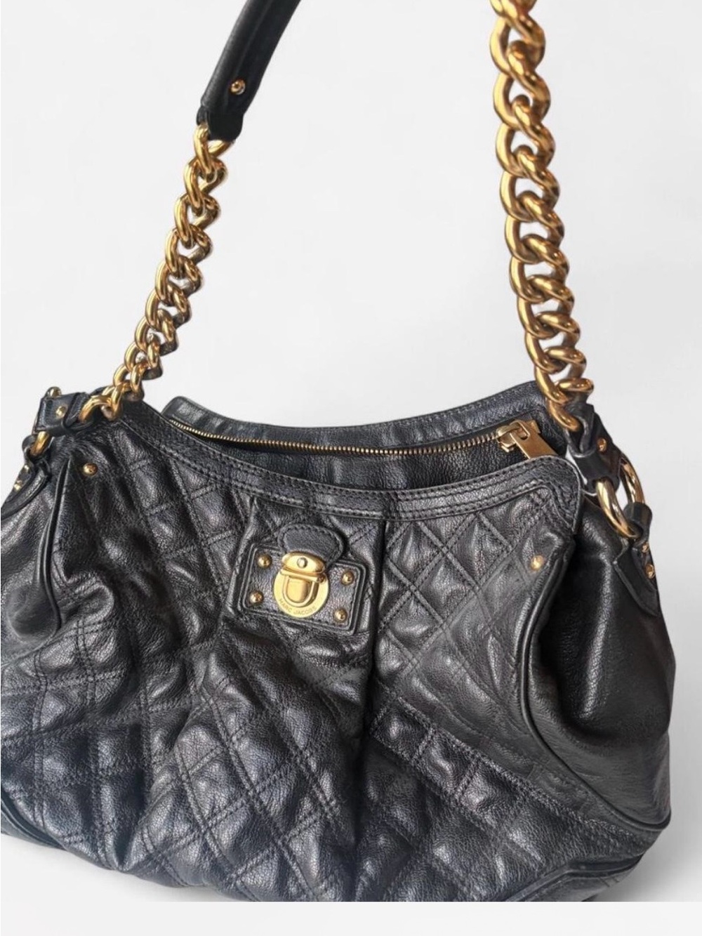 Marc Jacobs Black Quilted Leather Shoulder Bag with Gold Chain Strap
